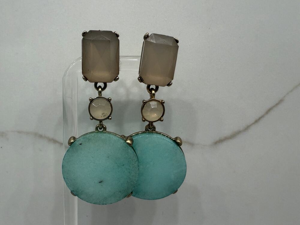 Large Aqua Blue Statement Clip On Earrings Faceted Stones Gold Tone Dangle